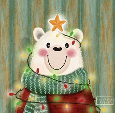 a white polar bear wearing a green scarf and a star on top of his head