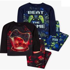 The Children's Place Boys' Video Game 4-Piece Pajamas, Black, Small S/P (5/6) Msrp 49.95 Mix And Match This 4-Piece Pajama Set, Made From The Softest And Comfiest Jersey 1 Long Sleeve Top With Video Game Graphic Design At Front; Crew Neck 1 Long Sleeve Top With 'Beat The Game' Graphic Design At Front; Crew Neck 2 Pair Of Pants With Allover Video Game Graphic Design; Pull-On Elasticized Waistband Please Check / Confirm Item Size Or Send Us Black Graphic Print Playwear Sets, Black Graphic Print Sets For Playwear, Long Sleeve Graphic Print Bedtime Set, Long Sleeve Graphic Print Sleep Sets, Casual Black Bedtime Set, Black Cotton Pajama Party Sets, Long Sleeve Graphic Print Playtime Sets, Graphic Print Long Sleeve Sets For Playtime, Long Sleeve Graphic Print Sets For Playtime