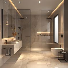 a modern bathroom with marble flooring and walls, along with a large bathtub