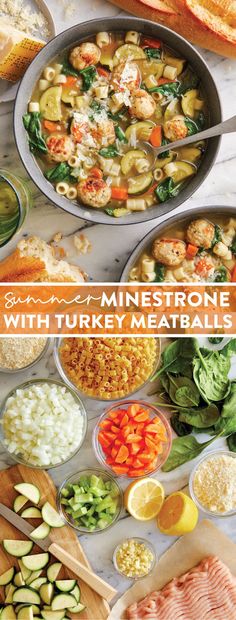 an assortment of different foods and vegetables on a table with text overlay that reads summer minestone with turkey meatballs