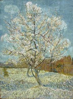 a painting of a tree with white flowers in the foreground and a fence in the background