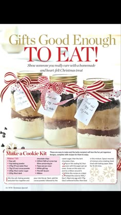 an ad for gifts good enough to eat, with three jars filled with cookies and candy