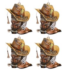 four cowboy hats with tassels hanging from them