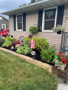 the front yard is full of flowers and plants, including an assortment of potted plants