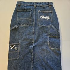 Nwot Obey Carpenters Denim Skirt Back Split Waist 28" Denim Blue Skirt For Streetwear, 90s High Waist Denim Skirt, 90s Denim Blue Skirt With Pockets, 90s High Rise Denim Skirt With Pockets, 90s Style Blue Cotton Denim Skirt, 90s Blue Cotton Denim Skirt, Denim Skirt, Split, Womens Skirt