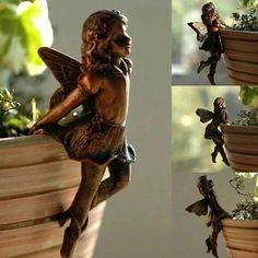 three pictures of a fairy sitting on a planter