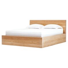 a wooden bed frame with white sheets and pillows on the headboard, against a white background