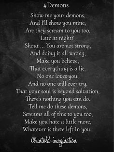 a poem written in chalk on a blackboard with the words demons and demons