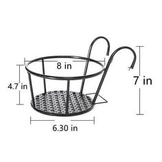 a wire basket with handles and measurements for the handle on each side is shown in black