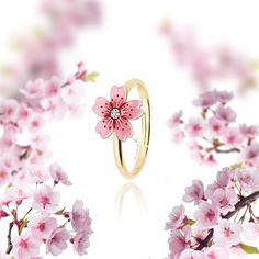 This sakura blossom ring is not only beautiful but is also carrying a deep symbolical meaning. The national flower of Japan, the cherry blossom, or Sakura, represents a time of renewal and optimism. The little pink blossoms mark the ending of winter and the beginning of spring. The cherry blossom ornament is handpainted by me and inspired by the floral elements of vintage enamel flower jewelry of the Regency Era and Art Noveau in the 19th century. The coloring details on this flower have been pa Sakura Ring, Japan Jewelry, Cherry Blossom Jewelry, Cherry Blossom Ring, Beginning Of Spring, Candles In Fireplace, Sakura Flower, Japanese Cherry Blossom, How To Clean Metal