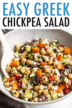 chickpea salad in a white bowl with a spoon on the side and text overlay