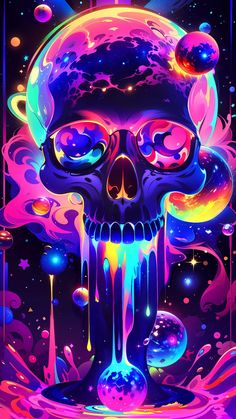 a skull with neon paint on it's face and eyes, surrounded by planets