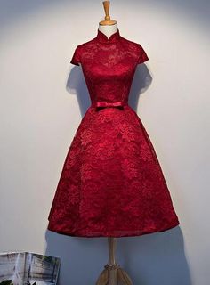 Wine Red Lace Tea Length Wedding Party Dresses, Beautiful Lace Formal Dresses on Luulla Red Short Sleeve Wedding Dress, Red Fitted Bridesmaid Dress For Banquet, Red Short Sleeve Bridesmaid Dress, Tea Length Wedding, Dresses Beautiful, Graduation Dresses, Lace Formal Dress, Beautiful Prom Dresses, Evening Dresses For Weddings