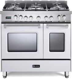 an oven with four burners and two doors