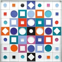 an art work with different colored squares and dots