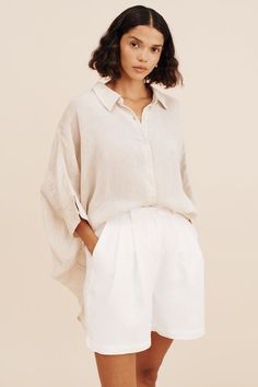 LULA SHIRT - NATURAL Linen Blouse With Shirttail Hem For Daywear, Neutral Linen Button-up Top, Oversized Neutral Blouse For Spring, Oversized Beige Top With Effortless Style, Spring Oversized Neutral Blouse, Oversized Beige Effortless Top, Oversized Effortless Beige Tops, Chic Linen Shirt With Shirttail Hem, Summer Linen Shirt In Neutral Color