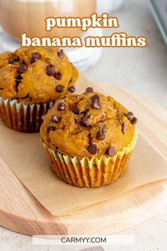 two pumpkin banana muffins on a cutting board