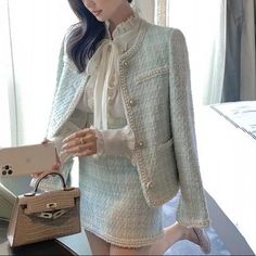 Stunning Luxury Two Piece Matching Set Skort Lining Lining Inside Skirt Is Shorts Style Two Piece Matching Set, Plaid Skirt Set, Yellow Mini Skirt, Tweed Set, Textured Coat, Red Mini Skirt, Blue Tweed, Estilo Preppy, Tweed Suits