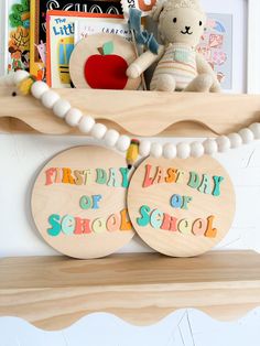 a wooden shelf with some books and toys on it