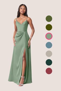 Make your bridesmaids stand out in all the right ways while they are wearing our stretch satin A-line dress, Brielle. Her cowl neckline is held with adjustable spaghetti straps that connect at the open back. The skirt has delicate pleating detail that not only hides a leg slit but flows beautifully with every step. As a bonus we’ve added pockets! Olive Bridesmaid Dresses, Satin Mermaid Dress, Stretch Satin Dress, Stunning Bridesmaid Dresses, Floor Length Chiffon Bridesmaid Dresses, Mermaid Bridesmaid Dresses, Azazie Bridesmaid Dresses, Satin Bridesmaid Dresses, Mermaid Skirt