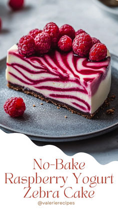 no - bake raspberry yogurt zebra cake is on a plate