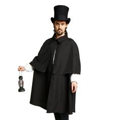 Feel like your living in the 1800's with this Victorian Cloak. This Inverness coat is all black and features a collar at the top. A piece of velcro holds the cloak together allowing the wearer to easily dress and undress. This cloak is perfect for those looking to complete a steampunk or Victorian era style costume. Size: XL/XXL. Halloween Cape Outerwear For Larp, Halloween Cape For Larp Events, Halloween Cape For Larp, Black Cape For Larp, Gothic Cape Outerwear For Costumes, Black Long Sleeve Cape For Larp, Black Cape For Cosplay, Medieval Black Cape For Costume Party, Black Steampunk Costume Outerwear