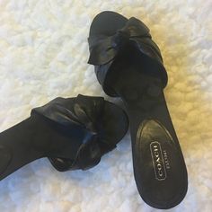 Authentic Coach Black Leather Sandals Cork Heels. Nwot. Black With Bow Cork Heels, Black Leather Sandals, Coach Shoes, Leather Sandals, Shoes Women Heels, Cork, Shoes Heels, Black Leather, Size 7