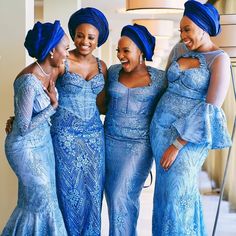 Blue Asoebi Lace Styles For Wedding, Aso Ebi Color Combinations, Blue Asoebi Lace Styles, Bridesmaid Asoebi, Tswana Wedding, Nigerian Wedding Attire