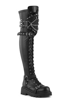 RENEGADE-320 Black Vegan Leather Knee Boot-Knee Boots-Demonia-Black-10-Vegan Leather-SEXYSHOES.COM Spider Outfit, Punk Festival, Knee High Combat Boots, Stretch Thigh High Boots, Goth Fits, New Rock Boots, Rock Boots, Goth Boots, Leather Knee Boots