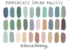 the sea glass procreate color palette is shown in shades of blue, green and brown