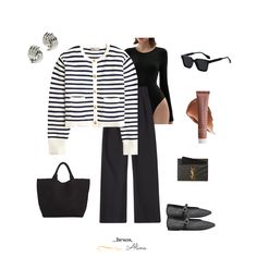 Great work outfit idea with black pants and striped lady jacket. perfect fall outfit inspo with mesh flats, woven bag, cardigan and bodysuit. Striped Lady Jacket Outfit, Striped Jacket Outfit, Cardigan Outfit Work, What To Wear To Work, Lady Jacket