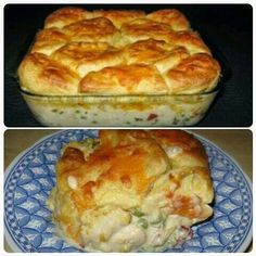 four different views of a casserole dish