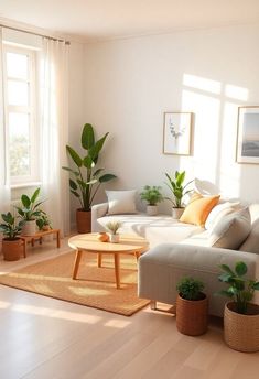 a living room filled with lots of furniture and potted plants on top of it