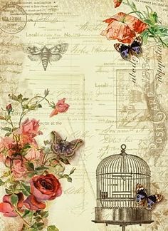 a birdcage filled with lots of flowers next to a bunch of butterflies on top of a piece of paper