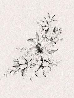 black and white drawing of flowers on paper