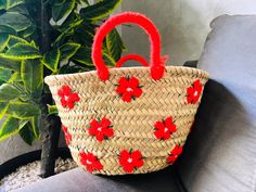 a basket with red flowers on it sitting on a couch next to a potted plant