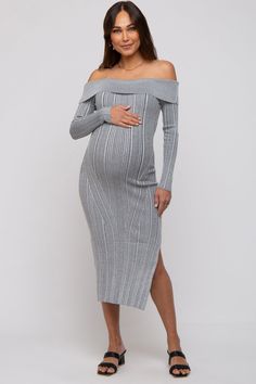 Details A metallic ribbed maternity midi dress featuring a foldover off shoulder neckline, long sleeves and a side slit. Content + Care 70% Rayon 20% Nylon 10% PolyesterImport Size + Fit Length: 41"Sleeve Length: 17"Measured From: SmallUndergarments: May be worn with a Strapless BraProduct Code: 90623Model Stats: Height: 5'6"Bust: 34"Hips: 34"Wearing Size: XSmall Off Shoulder Neckline, Maternity Midi Dress, Maternity Clothes, Off Shoulder, Midi Dress, Long Sleeves, Sleeve Length, Grey, Long Sleeve