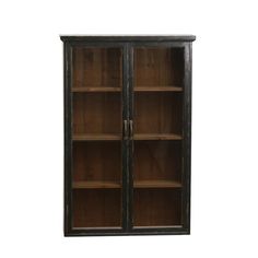 an old wooden bookcase with glass doors on the front and bottom, against a white background