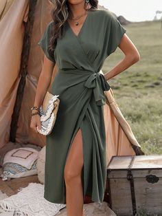 Ladies' Solid Color Wrap Tie Dress Army Green Casual  Cap Sleeve Woven Fabric Plain A Line Non-Stretch  Women Clothing, size features are:Bust: ,Length: ,Sleeve Length: Casual Dress For Weddings, Relaxed Elegant Dress Busty Curvy, Green Chiffon Wrap Dress, Dresses Tk Wear To A Wedding As A Guest, Green Midi Wrap Dress, Sage Green Dress Casual Long, Womans Wedding Guest Dress, Beautiful Wrap Dresses, Wrap For Green Dress