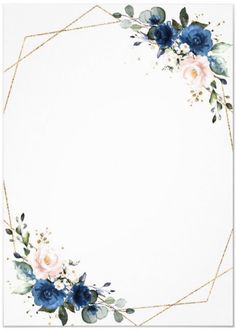 a white card with blue and pink flowers on the front, gold border around it