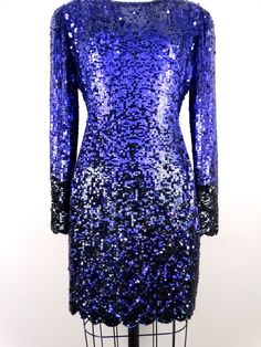 "Such an amazing cocktail dress! Fully embellished with sequins in a purple-to-black ombre design. It's in excellent condition! Measurements: Bust - 34\" Waist - 26\" Hips - 36\" Length - 33\" Tag Size - 4 This dress comes from a pet-free and smoke-free home. If you would like more info or have any questions, please don't hesitate to ask!" Fitted Purple Sequin Fabric For Evening, Purple Sequin Dress With Contrast Sequin For Evening, Purple Contrast Sequin Evening Dress, Purple Fitted Sequin Evening Dress, Fitted Purple Sequin Evening Dress, Purple Sequined Cocktail Evening Dress, Purple Sequined Evening Dress For Cocktail, Purple Sequin Evening Dress For Night Out, Purple Sequin Dress