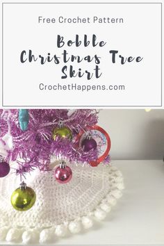 a crochet christmas tree skirt with ornaments hanging from it and text overlay that reads free crochet pattern bubble christmas tree skirt