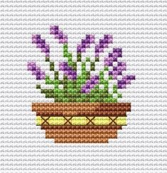 a cross stitch pattern with purple flowers in a pot on a white background and the words,