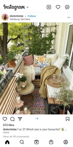 a balcony with lots of potted plants and furniture on the outside patio, along with an area rug