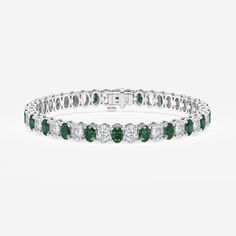 5.1x3.6 mm Oval Created Emerald and 6 ctw Oval Lab Grown Diamond Four-Prong Tennis Bracelet - 7 Inches Platinum Luxury White Gold Oval Bracelets, Luxury Oval Tennis Bracelet With Prong Setting, Luxury Green Jubilee Tennis Bracelet, Diamond Bracelet Design, Bracelet Tennis, Bracelet Design, Oval Diamond, Tennis Bracelet, Bracelet Designs