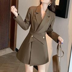 Brown Blazer Type Slim Belted Office Mini Dress Elegant Tailored Long Sleeve Mini Dress, Elegant Mini Blazer Dress For Office, Elegant Spring Office Mini Dress, Formal Office Lady Mini Dress For Fall, Elegant Mini Blazer Dress For Fall, Formal Fall Mini Dress For Office, Semi-formal Sheath Mini Dress For Spring, Knee-length Mini Dress For Office In Fall, Elegant Mini Dresses For Office Wear