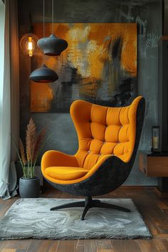 an orange chair sitting on top of a wooden floor next to a lamp and potted plant