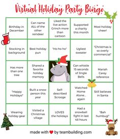 a printable holiday party bingo game with an image of a rhino and christmas tree