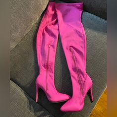 Hot Pink Women’s Stretchy Knee High Boots Size 5.5. Worn For A Photo Shoot Pretty Much Brand New Bordeaux Boots, Black Wedge Boots, Gucci Boots, Tall Riding Boots, Faux Leather Boots, Socks And Heels, Grey Boots, Black Wedge, Justin Boots