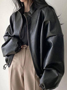 Solid Big Pocket Drawstring Collar Neck Leather Jacket - AnotherChill Short Leather Jacket, Big Pocket, Vegan Leather Jacket, Collar Neck, Leather Jacket Black, 가을 패션, Cropped Style, Harajuku Fashion, Black Leather Jacket